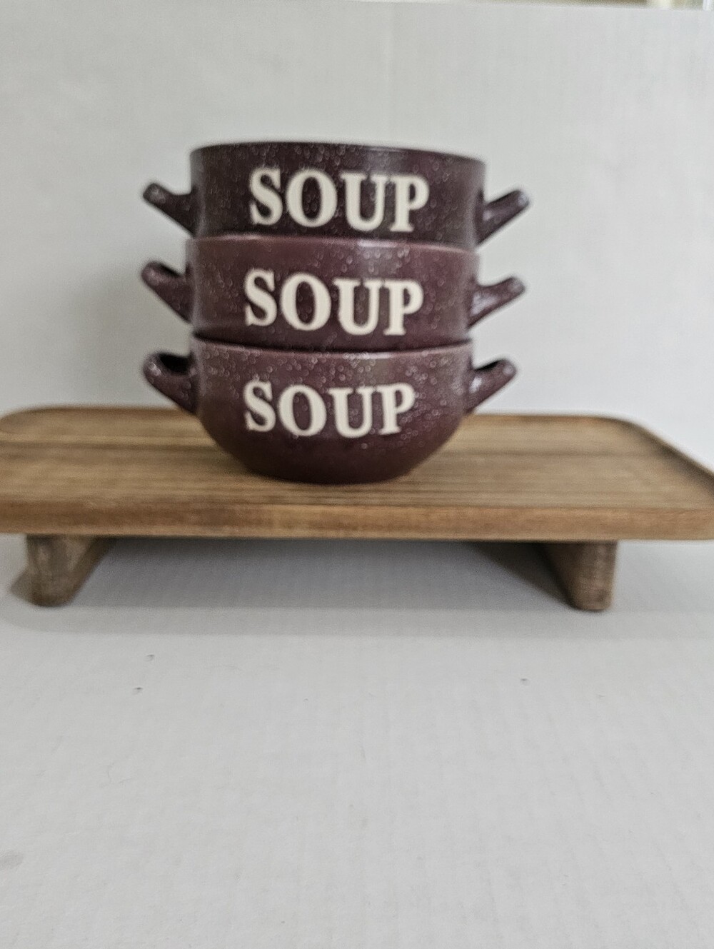 Mulberry Home 3 Plum Soup Bowls Speckled Double Handle Ceramic Rustic Dining